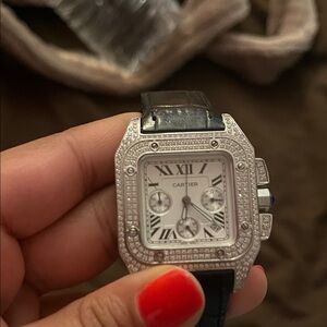 Cartier Santos diamond bezel with sapphire on the side